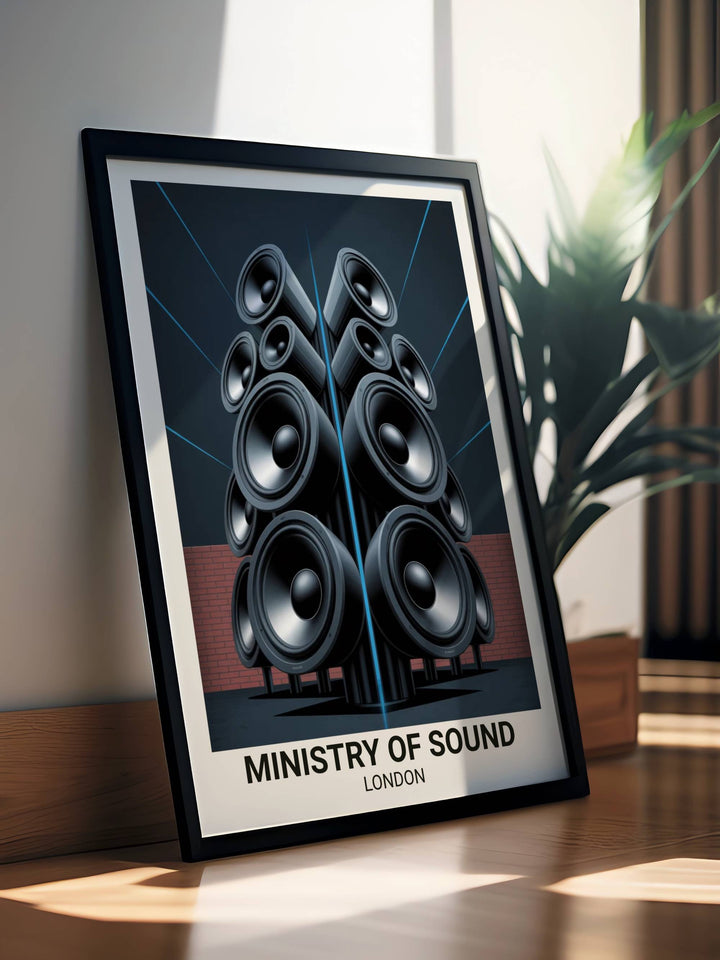 Minimalist Ministry of Sound London poster for modern home decor, showing the symmetrical industrial speaker stacks and bold sans-serif typography on a cream background.