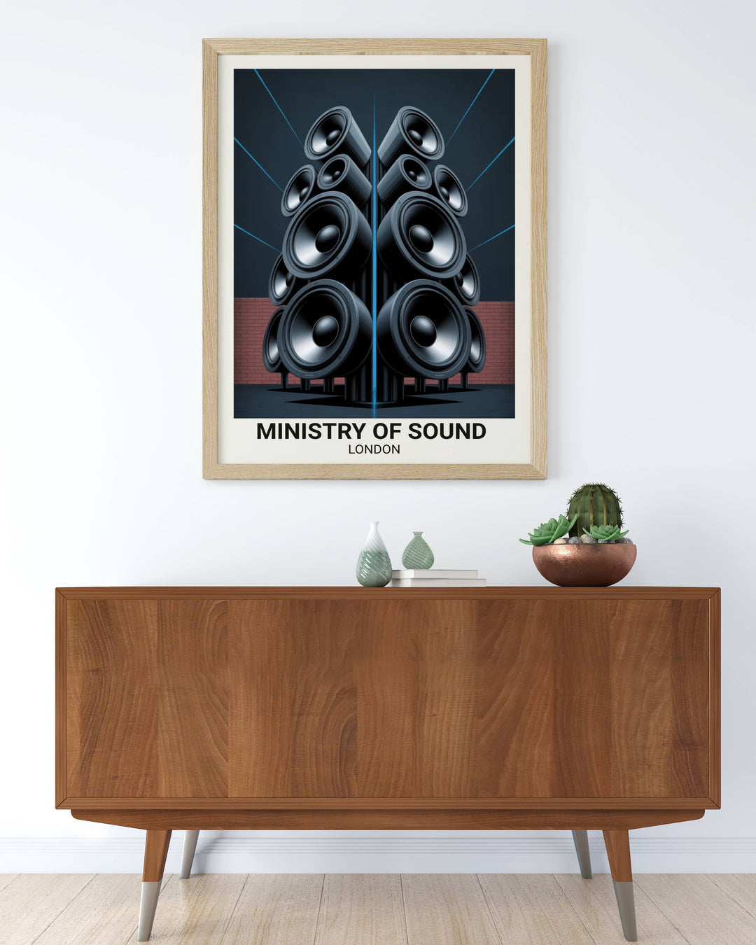 Ministry of Sound London wall decor styled in a minimalist apartment, demonstrating how the clean architectural lines complement contemporary West Coast and European design.