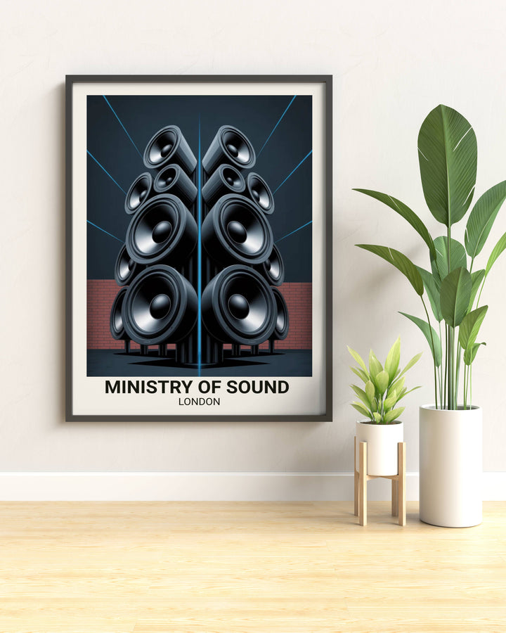 Ministry of Sound London art print styled in a high-end DJ studio, showcasing the perfect gift for audiophiles and collectors of iconic nightclub wall art history.