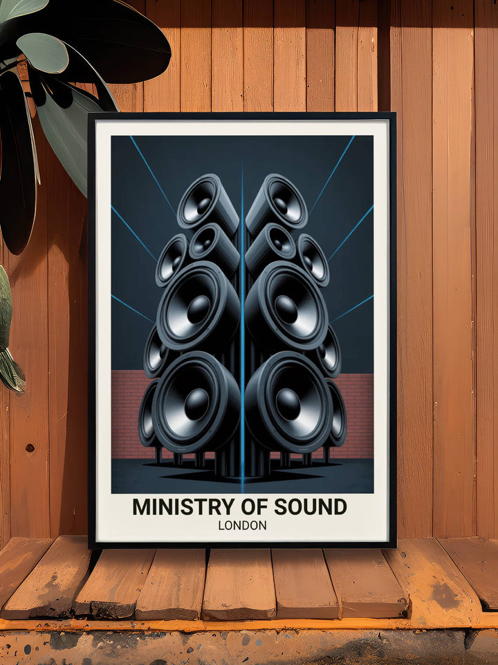 Close-up of the typography on the Ministry of Sound London poster showing the bold sans-serif font and the professional gallery-style layout of this legendary SE1 piece.