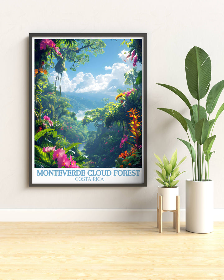 Costa Rica travel poster highlighting the rich biodiversity of Monteverde Cloud Reserve, a must see for eco tourists.