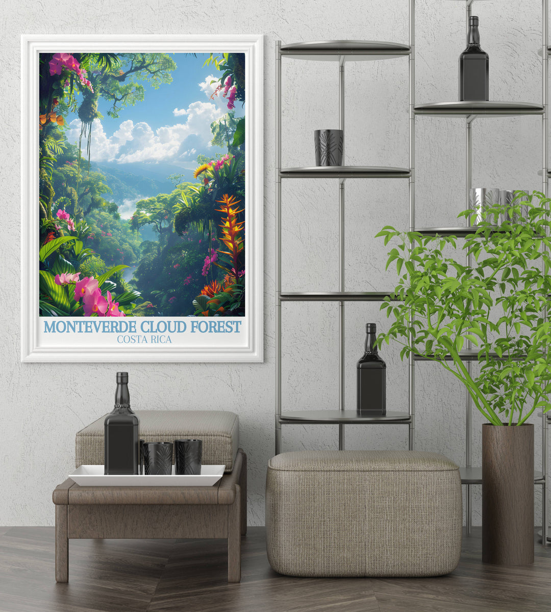 Artistic print of a quetzal perched in the Monteverde Cloud Forest, illustrating the vivid colors and life in the clouds.