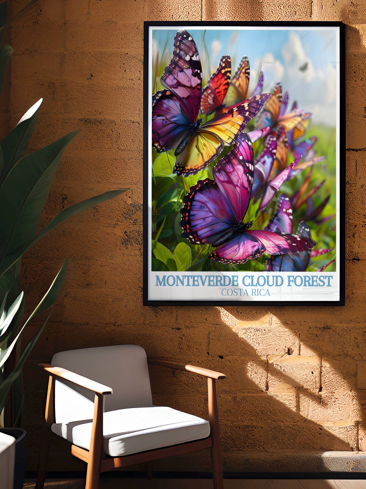 Butterfly Garden custom print illustrating a close up view of a Blue Morpho butterfly amidst lush greenery.