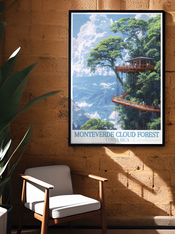 Framed art of the Costa Rica Sky Walk, showcasing the serene and lush environment of the Monteverde Cloud Forest.