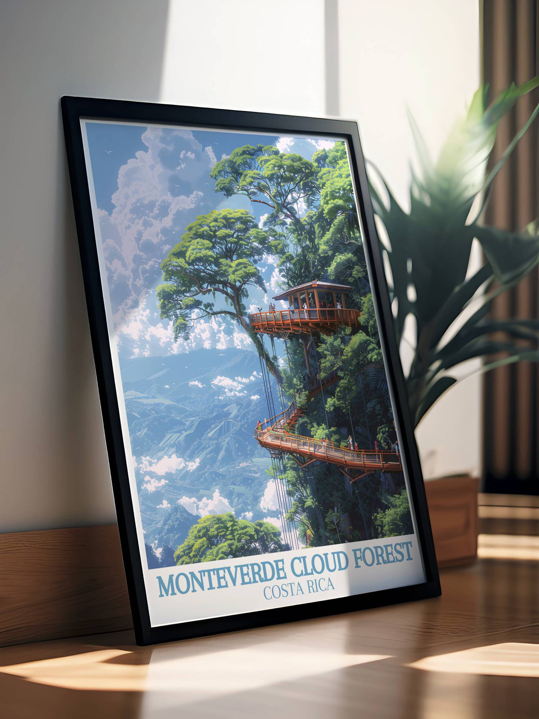 Vintage Costa Rica poster, a retro travel design featuring the Monteverde Cloud Forest and Arenal Volcano.
