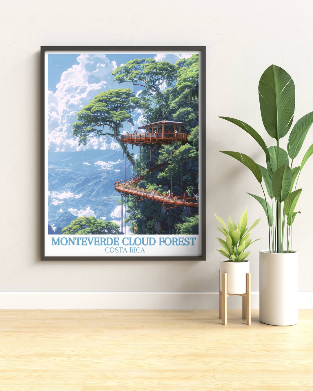 Costa Rica vintage poster capturing the lush landscapes and vibrant biodiversity of Monteverde Cloud Forest.