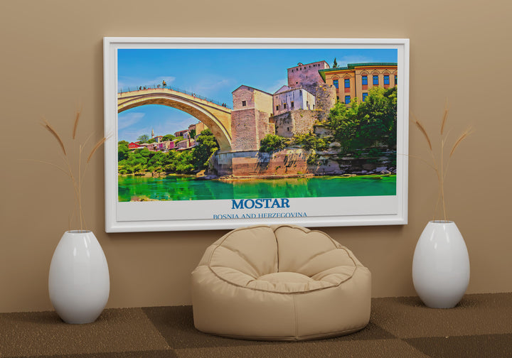 Fine art print featuring the iconic Old Bridge of Mostar, a masterpiece of engineering and symbol of cultural unity in Bosnia.