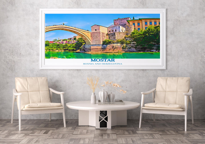 Vintage Mostar poster illustrating the scenic Old Bridge over the Neretva River, perfect for adding a touch of history to any room.