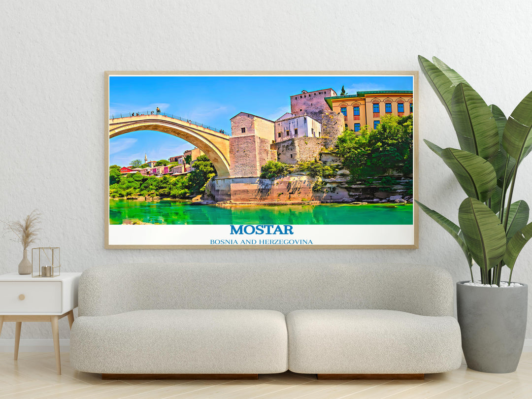 Mostar city print with a focus on the Old Bridge, blending historical architecture with the natural beauty of the surrounding area.