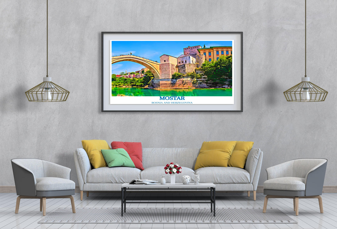 Travel gift showcasing Mostars Old Bridge, ideal for collectors of unique artworks and lovers of Bosnian culture.