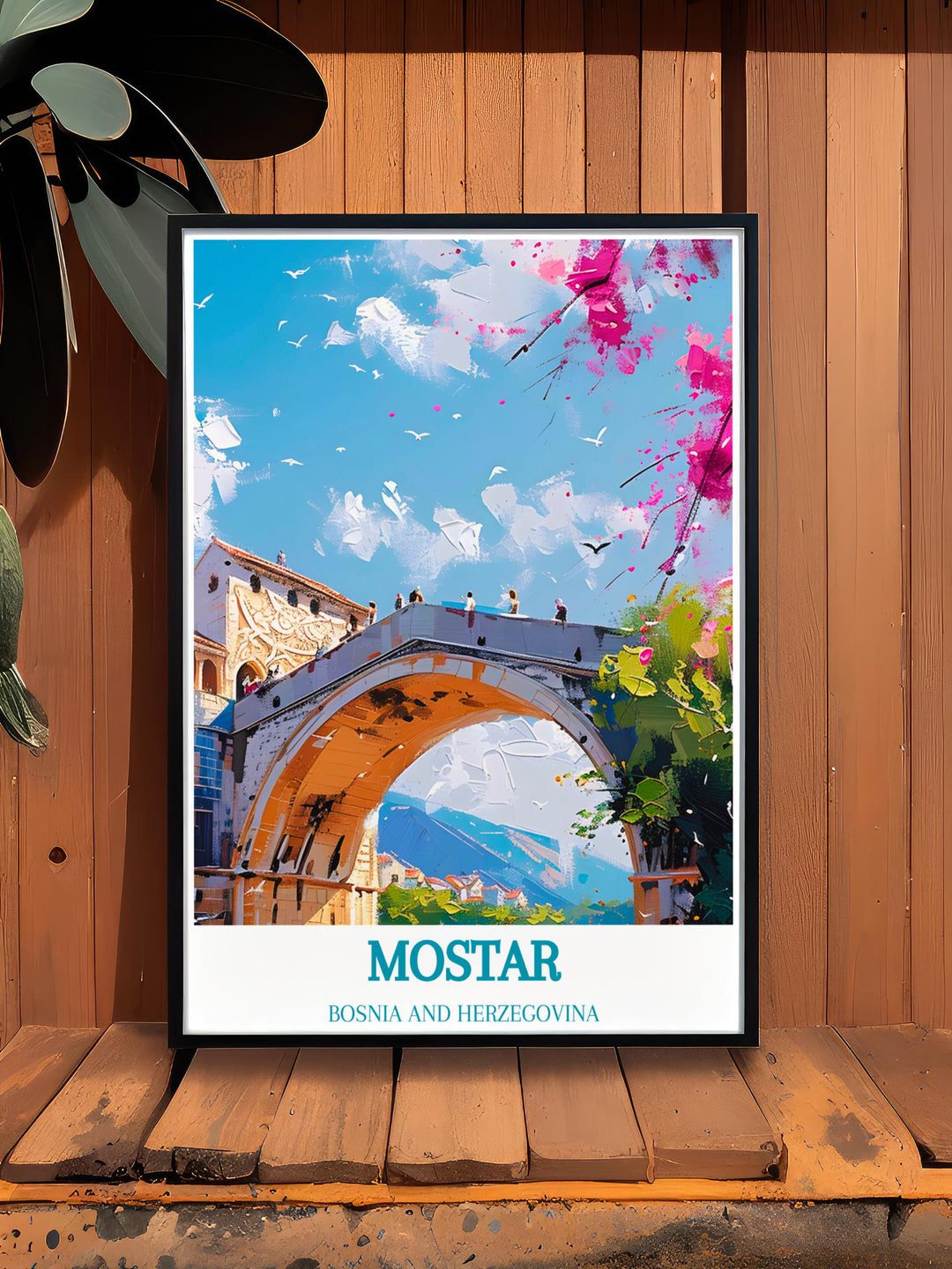 Modern wall decor depicting Mostars vibrant street life and cultural diversity, bringing Bosnian urban culture to life.