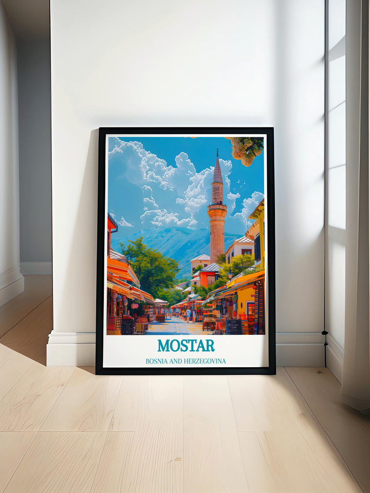 Modern wall decor featuring Mostars Old Bridge, combining contemporary art with historic Bosnian architecture.