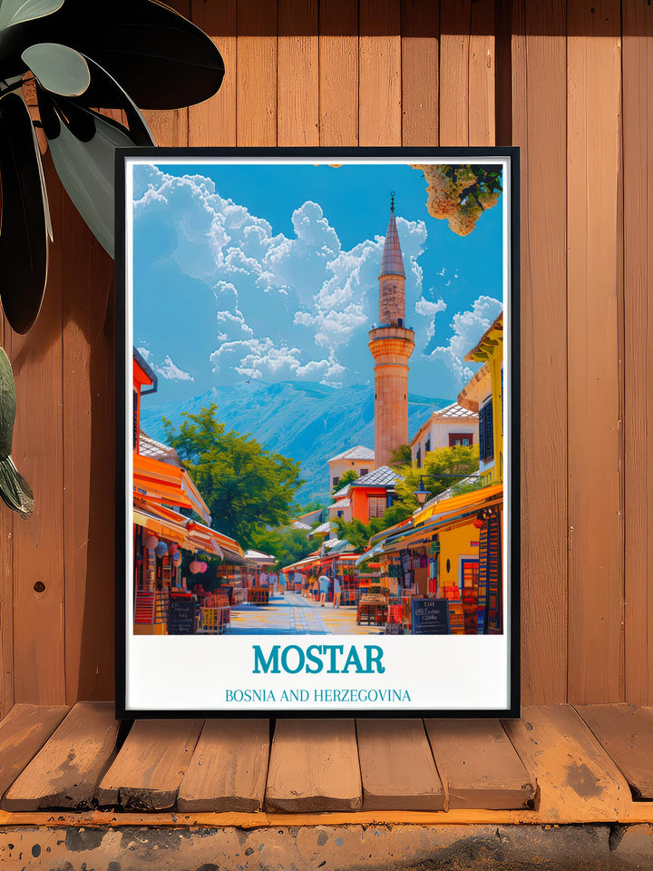 Personalized art print of Mostar, focusing on detailed views of its historic streets and famous architecture.