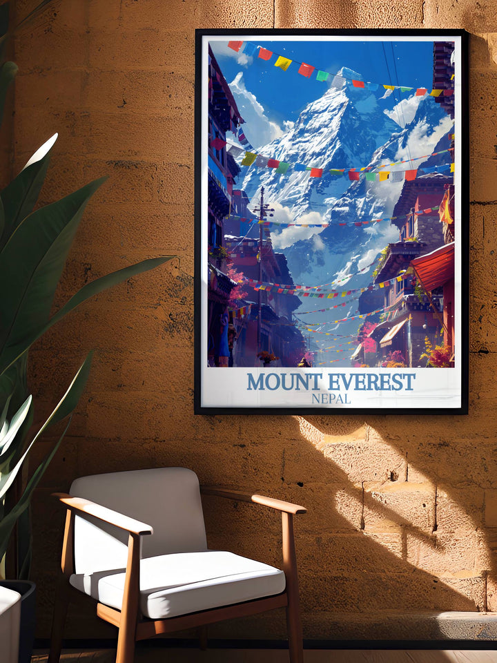Modern wall decor illustrating a panoramic view of the Himalayas, from Kala Patthar to the tips of surrounding peaks.