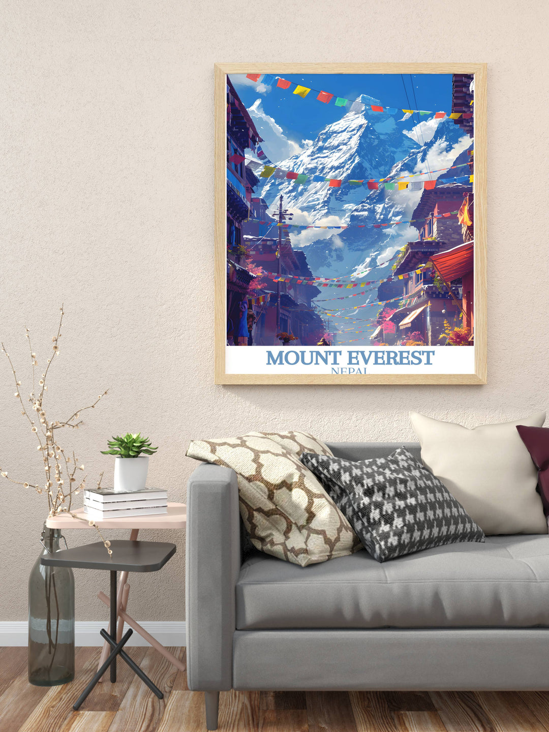 Artistic print of the Everest Base Camp, depicting trekkers amidst the rugged terrain and vast landscapes.