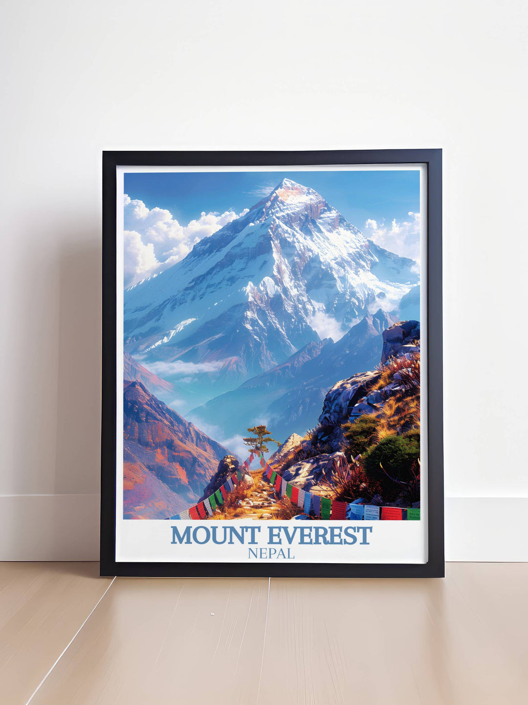 Kala Patthar Framed Art capturing the detailed textures of Everests rocky base contrasted with the snowy peak.