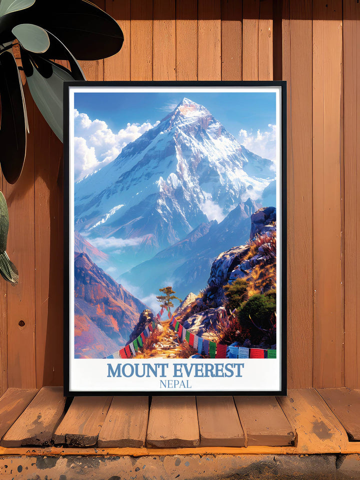 Vintage style Nepal travel poster with a map highlighting major trekking routes to Everest.