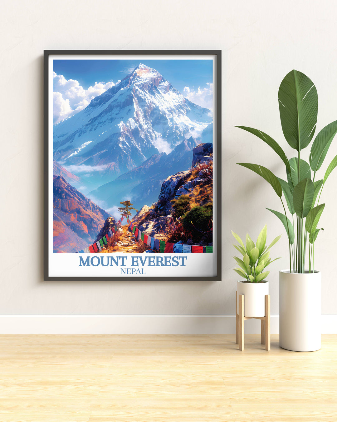Nepal Vintage Poster featuring classic images of historic Everest expeditions, perfect for collectors and enthusiasts.