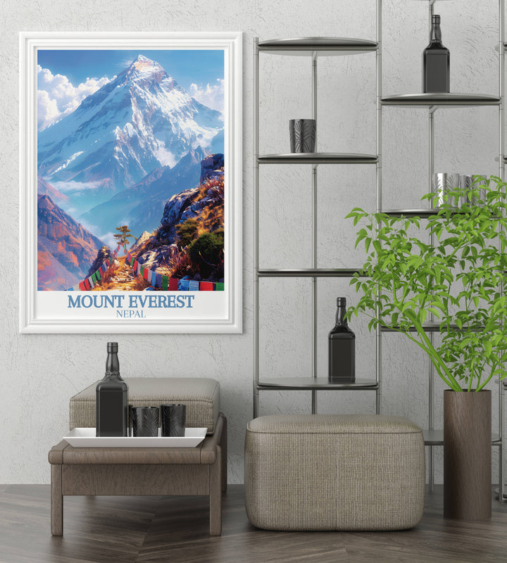 Artistic rendition of a climber overlooking Everest from Kala Patthar, emphasizing the scale and grandeur of the Himalayas.