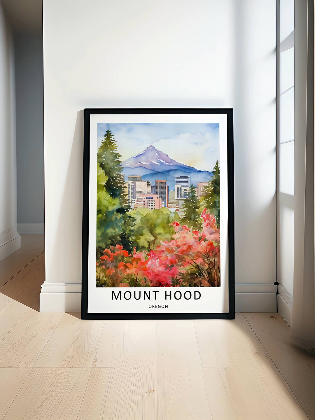 Portland and Mount Hood poster print available in framed, unframed, or canvas options. Sophisticated urban illustration combining iconic mountain peaks with modern cityscape designs.