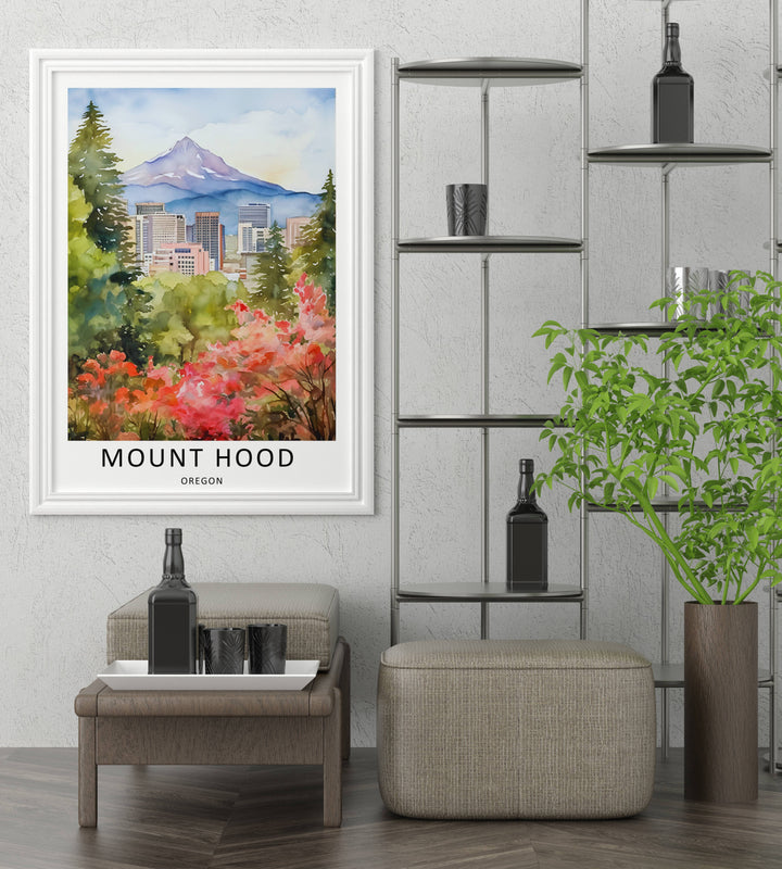Close-up of the museum-quality paper texture on our white framed Portland skyline poster. Crisp typography reading Mount Hood Oregon stands out clearly at the bottom of this art print.