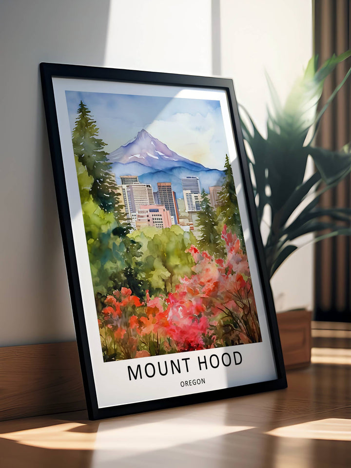 Artistic watercolor Portland wall decor  in a beautifully styled interior room setup. Demonstrates how the green, blue, and pink landscape enhances neutral wall paint.