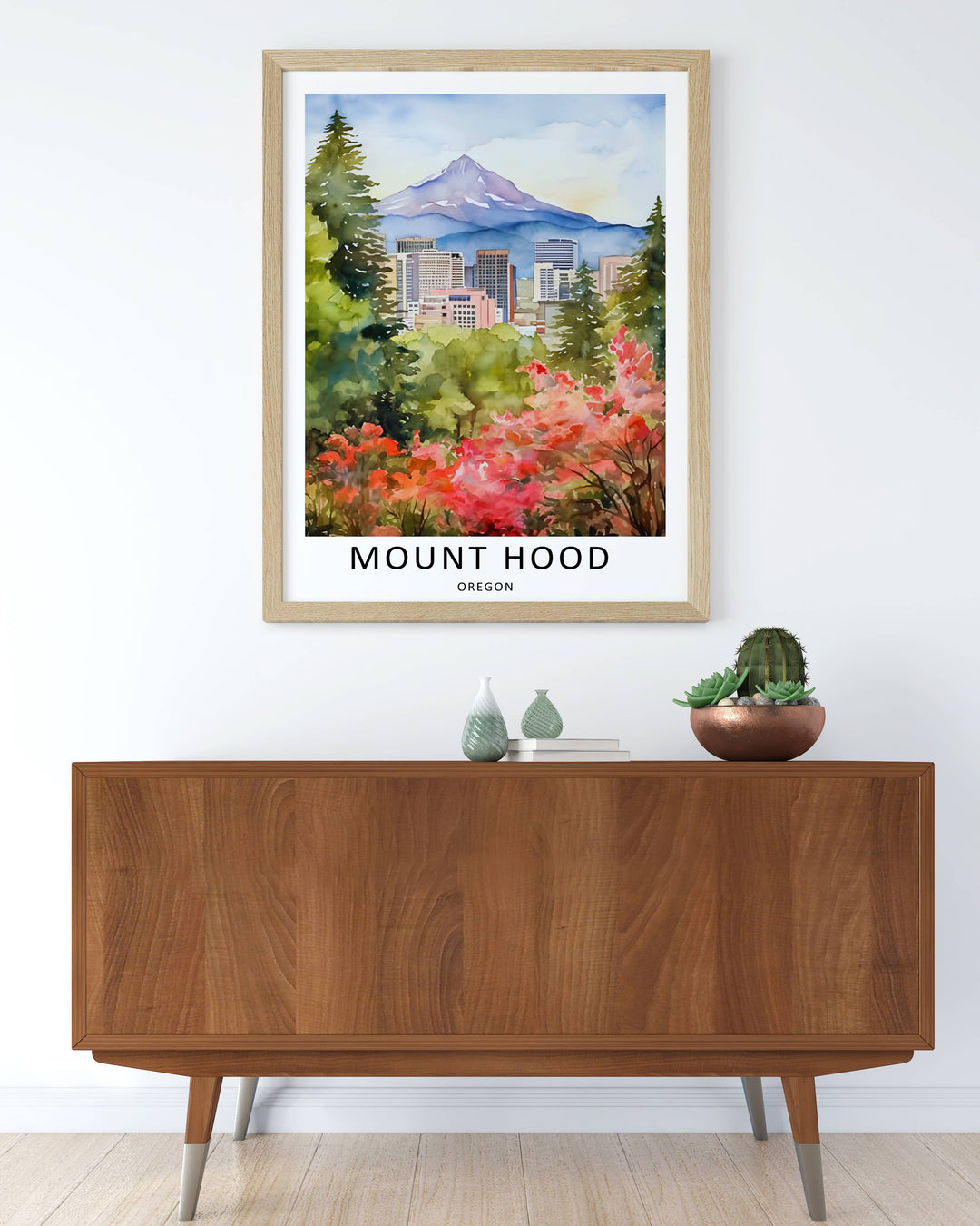 Beautiful Portland city and mountain reflection graphic print with soft foliage. A thoughtful graduation or moving gift for anyone who loves the dramatic scenery of Oregon.