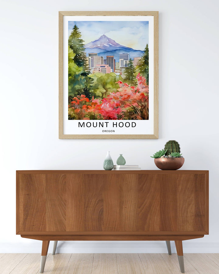 Beautiful Portland city and mountain reflection graphic print with soft foliage. A thoughtful graduation or moving gift for anyone who loves the dramatic scenery of Oregon.