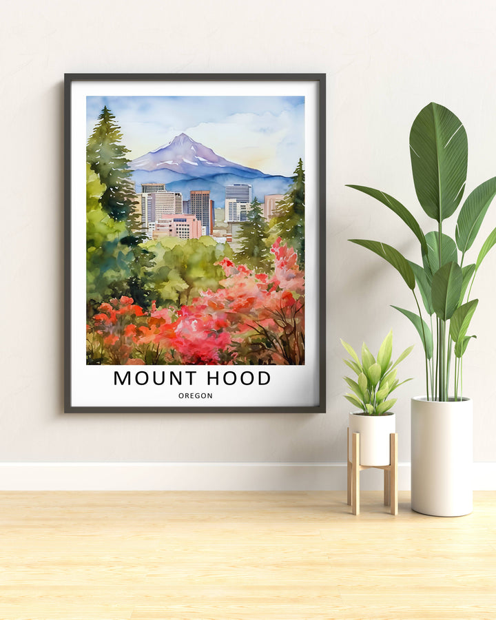 Vibrant watercolor Portland city travel print. The perfect addition to a modern or Scandinavian inspired home, bringing a refreshing touch of urban wanderlust to any blank wall space.