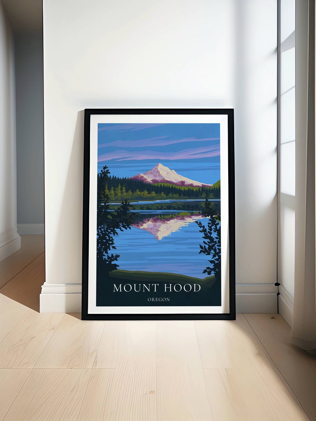 Close-up of the museum-quality paper texture on our unframed retro Mount Hood skyline poster. Crisp layout design stands out clearly at the bottom of this Pacific Northwest travel art print.