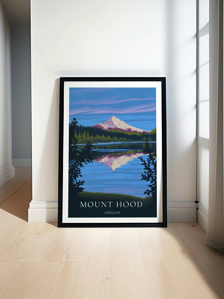 Close-up of the museum-quality paper texture on our unframed retro Mount Hood skyline poster. Crisp layout design stands out clearly at the bottom of this Pacific Northwest travel art print.