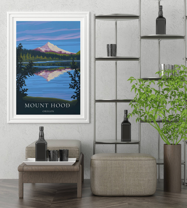 High-quality white framed print of Mount Hood Oregon landscape at dusk with layered, stylized blue skies. Ready to hang gallery wrapped wall art for contemporary cabin and lake houses.