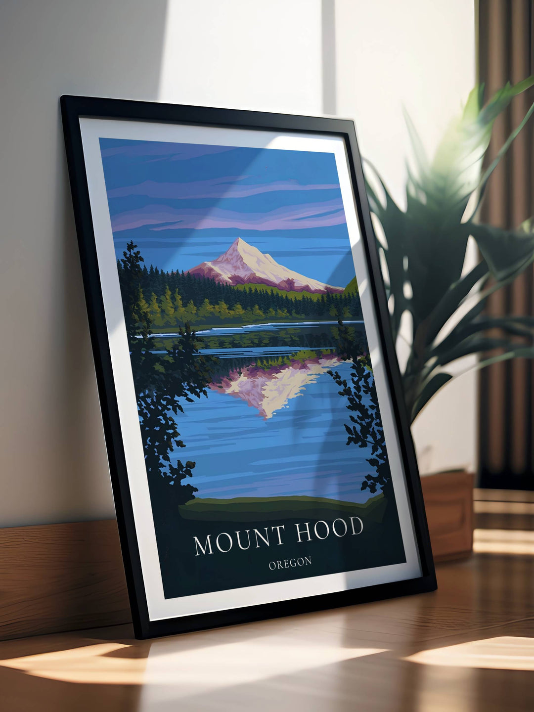 Artistic vector mountain wall decor hanging in a beautifully styled interior room setup. Demonstrates how the deep blue and green landscape enhances neutral wall paint and modern furniture.