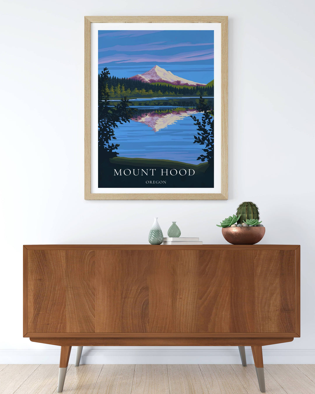 Side angle view of the sturdy wood print option for the Mount Hood vector artwork. Shows the clean wrapped edges and rich texture of the canvas, making it a premium choice for home styling.
