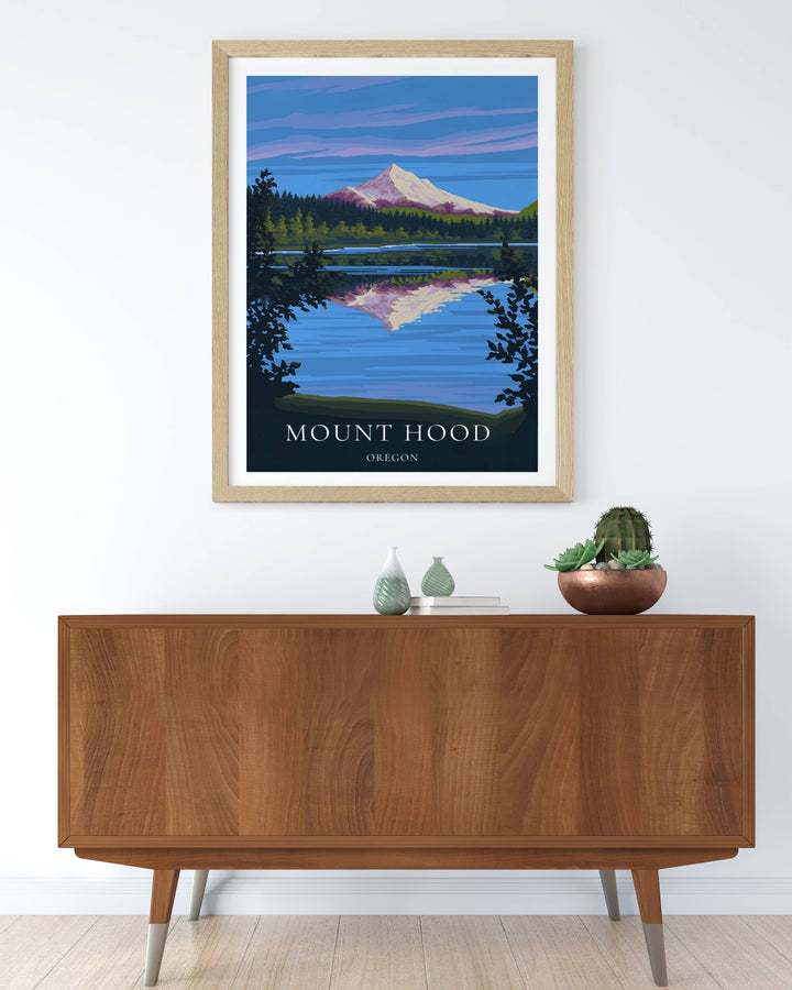 Side angle view of the sturdy wood print option for the Mount Hood vector artwork. Shows the clean wrapped edges and rich texture of the canvas, making it a premium choice for home styling.