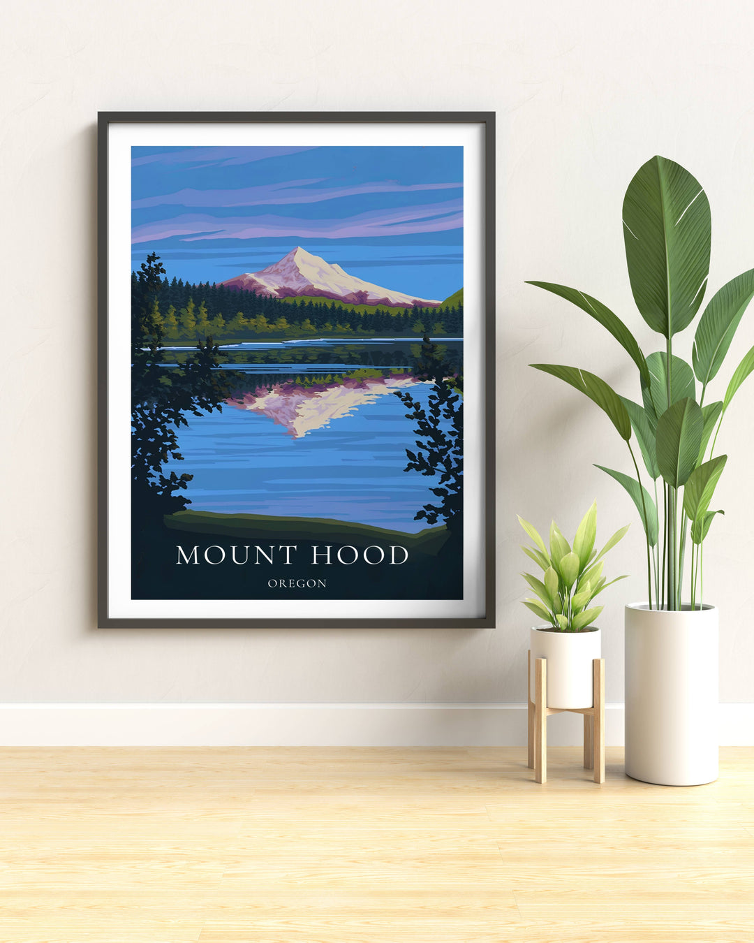 Beautiful Mount Hood lake reflection graphic print with a twilight sky palette. A thoughtful graduation or moving gift for hikers, campers, and travelers who love the dramatic scenery of Oregon.