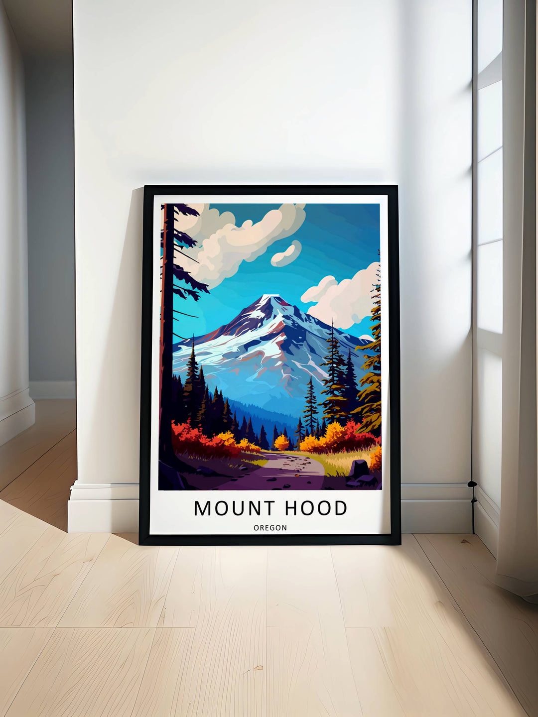 Vibrant modern mountain landscape poster, bringing a refreshing sense of outdoor wanderlust into a clean, Scandinavian-style home.