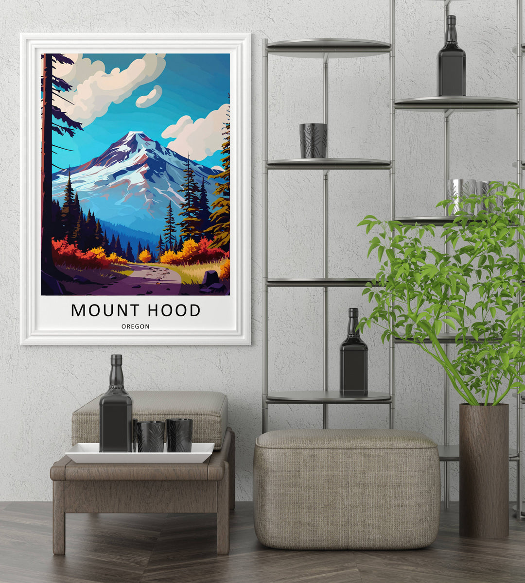 Close-up view of a modern graphic Oregon mountain poster inside a sleek display frame, highlighting the rich fall colors and sharp mountain ridges.