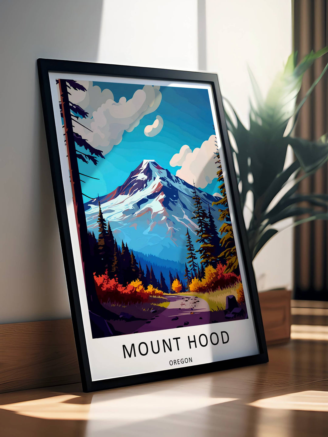 Side angle perspective of a sturdy black framed print of the Mount Hood trail illustration, showing the clean edges and textured finish.