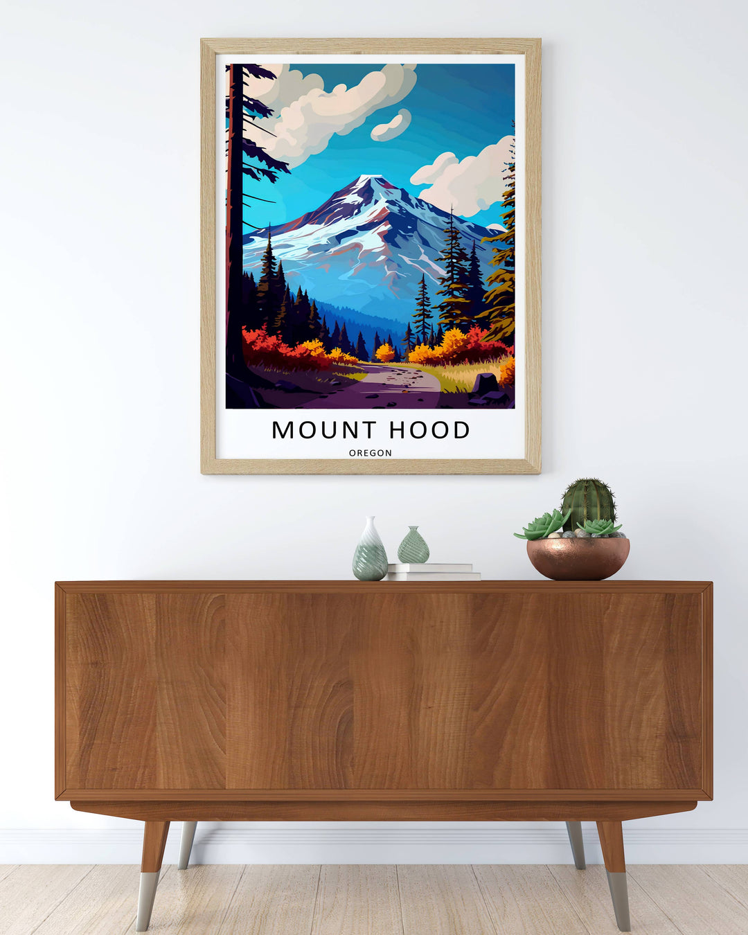 Graphic art print of an Oregon mountain pass surrounded by vivid fall colors, making a great moving or housewarming gift for hikers.
