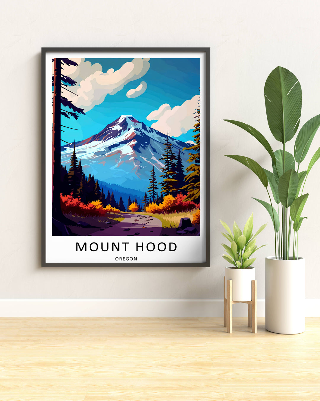 Graphic art print of an Oregon mountain pass surrounded by vivid fall colors, making a great moving or housewarming gift for hikers.