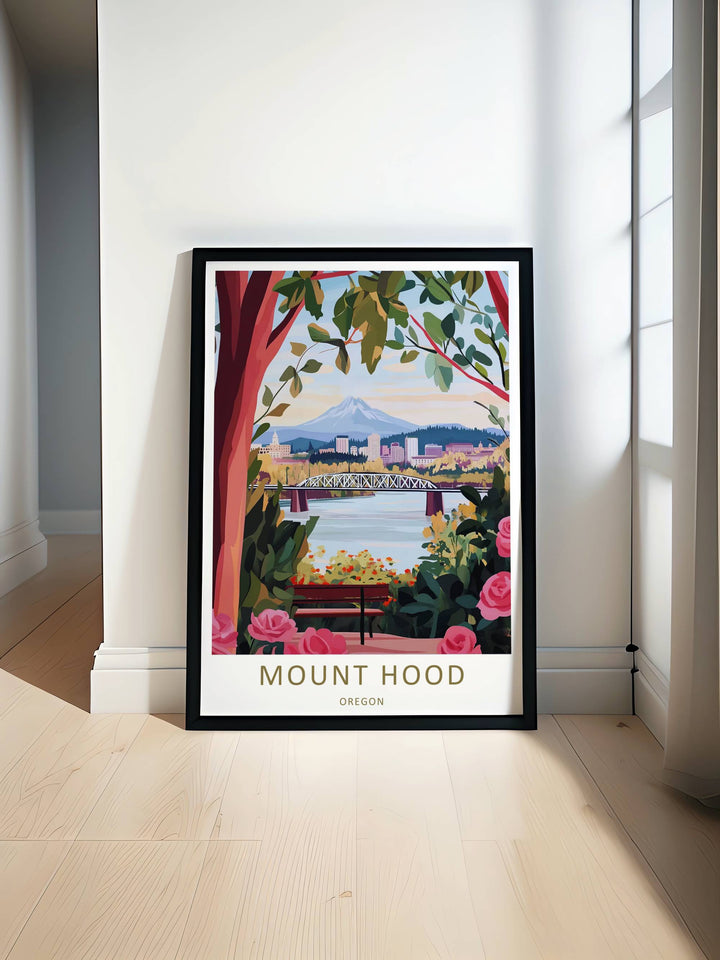 Graphic art print of a serene park bench overlooking an Oregon river and bridge pass, making a great moving gift for travelers.