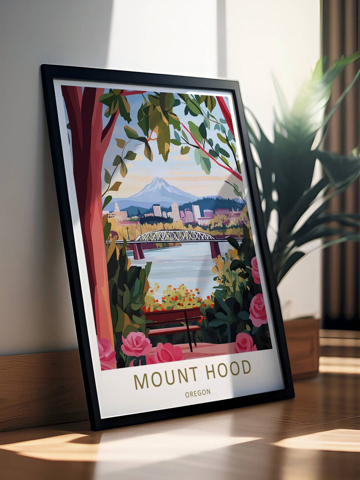 Professionally framed Mount Hood graphic print from MapYourDreams, complete with protective glass and a durable black wood-style border