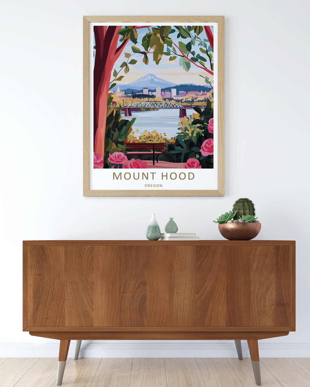 Modern Mount Hood poster available in framed, unframed, or canvas finishes, featuring clean typography reading Mount Hood Oregon across the white border.