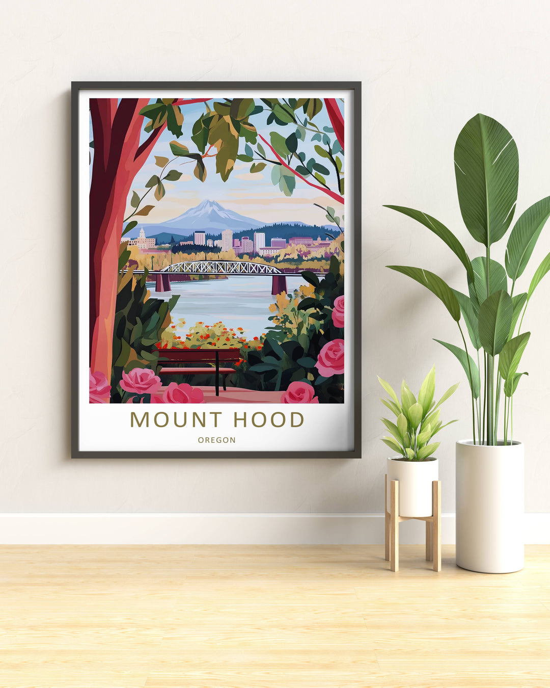 Professionally framed Mount Hood graphic print from MapYourDreams, complete with protective glass and a durable black wood-style border