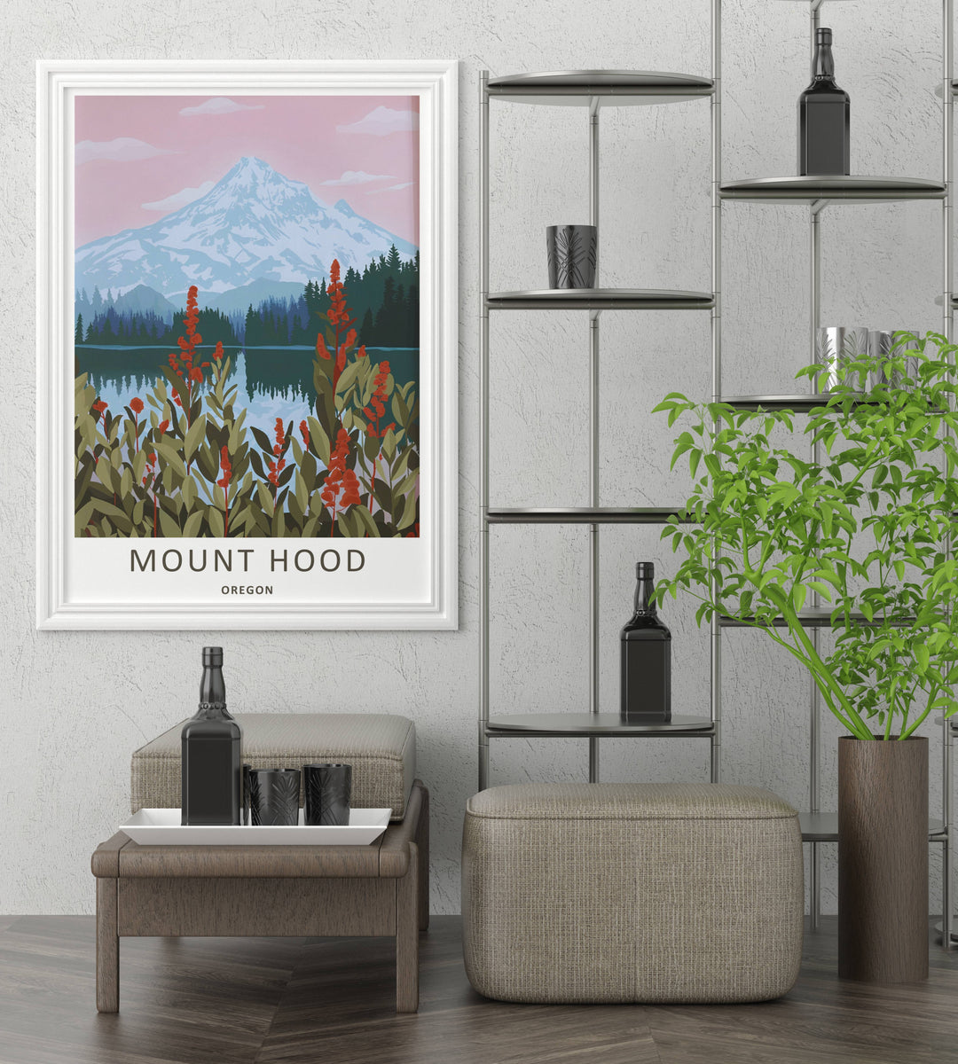 Vertical landscape illustration capturing a pink morning sky over a dense evergreen forest lining a calm alpine lake front.