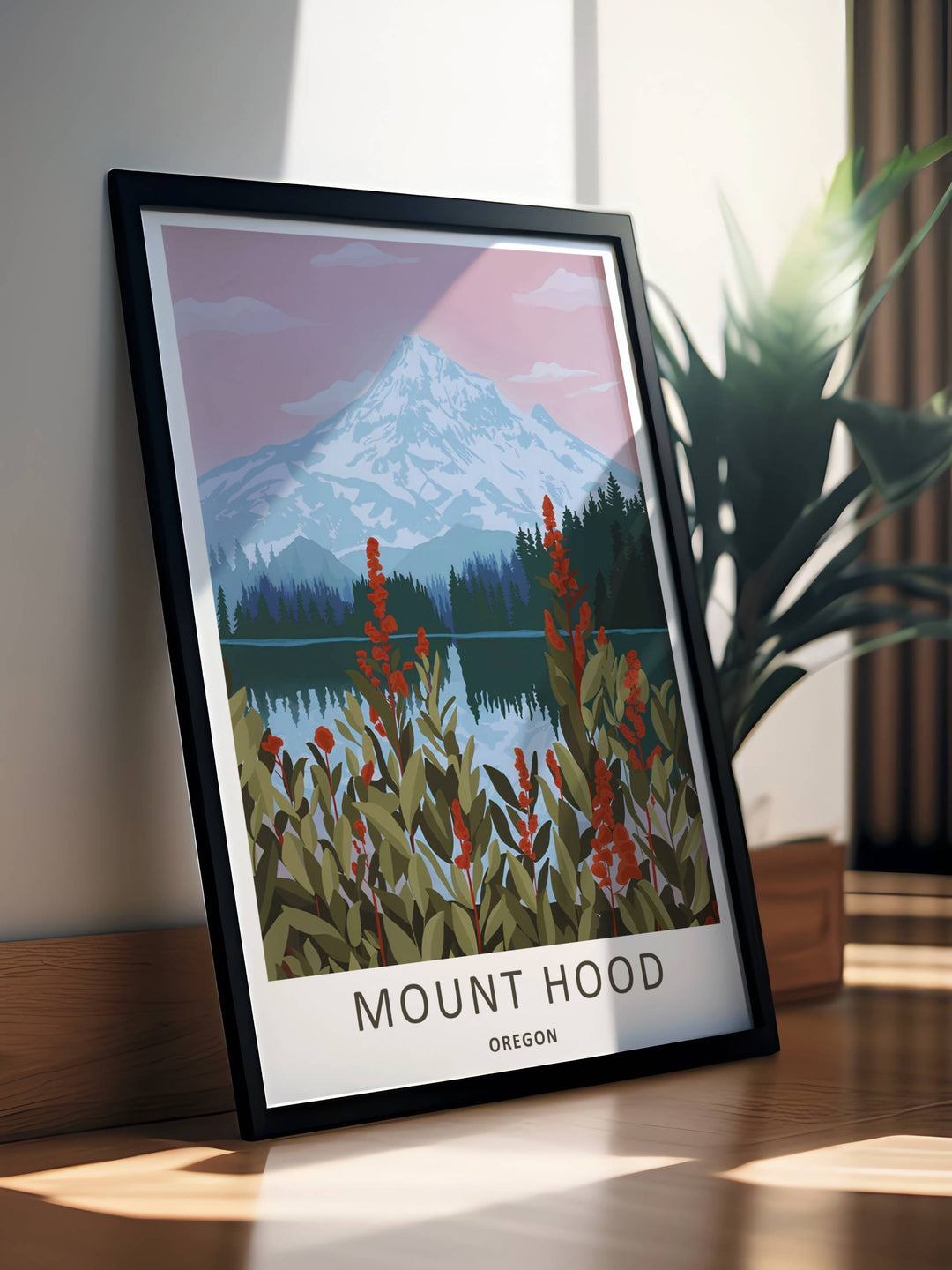 Side angle perspective of a professionally framed travel Mount Hood Oregon illustration, showcasing the clean edge details of the black wood-style frame.