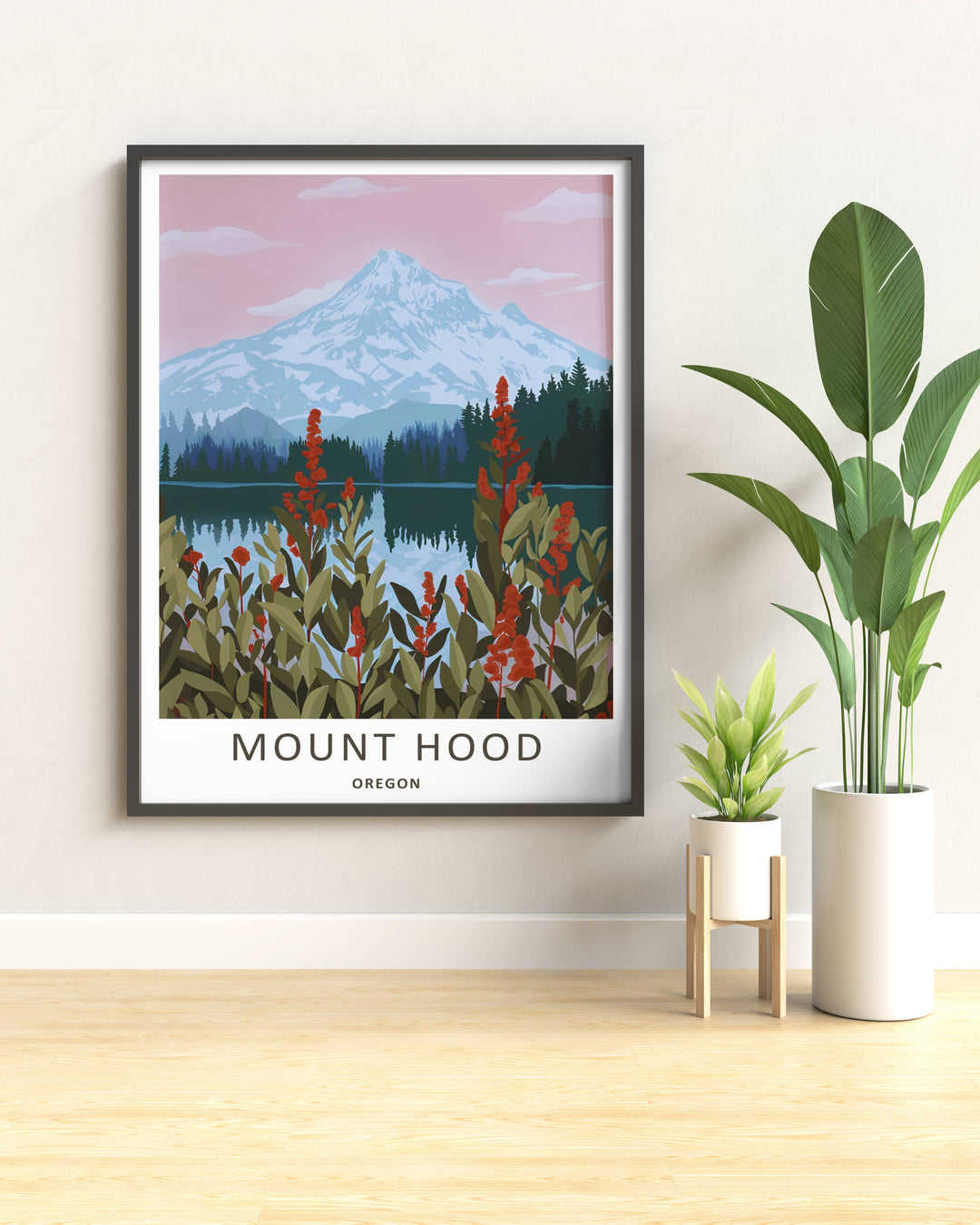 Graphic art print of a serene mountain lake during early morning, making a great housewarming gift for hikers and outdoor enthusiasts.
