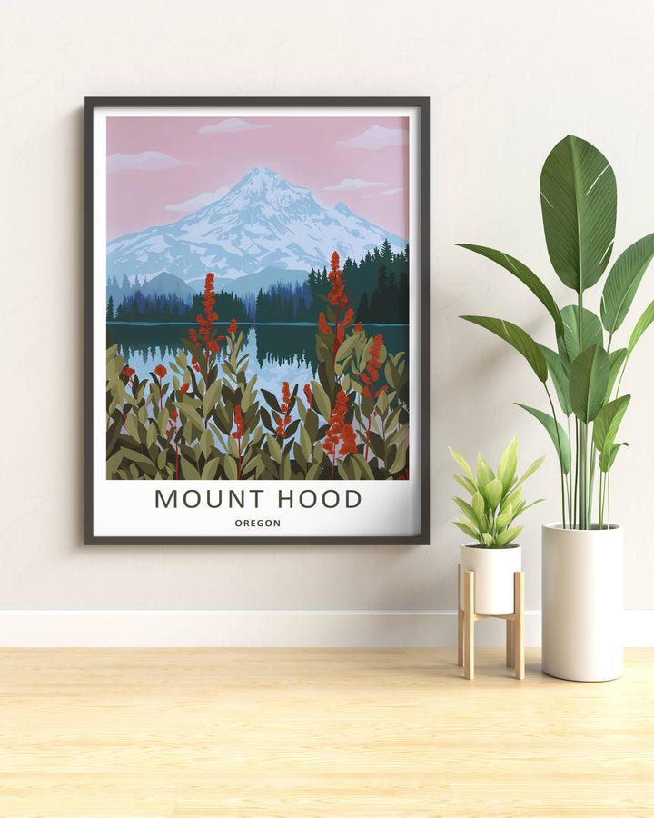 Graphic art print of a serene mountain lake during early morning, making a great housewarming gift for hikers and outdoor enthusiasts.