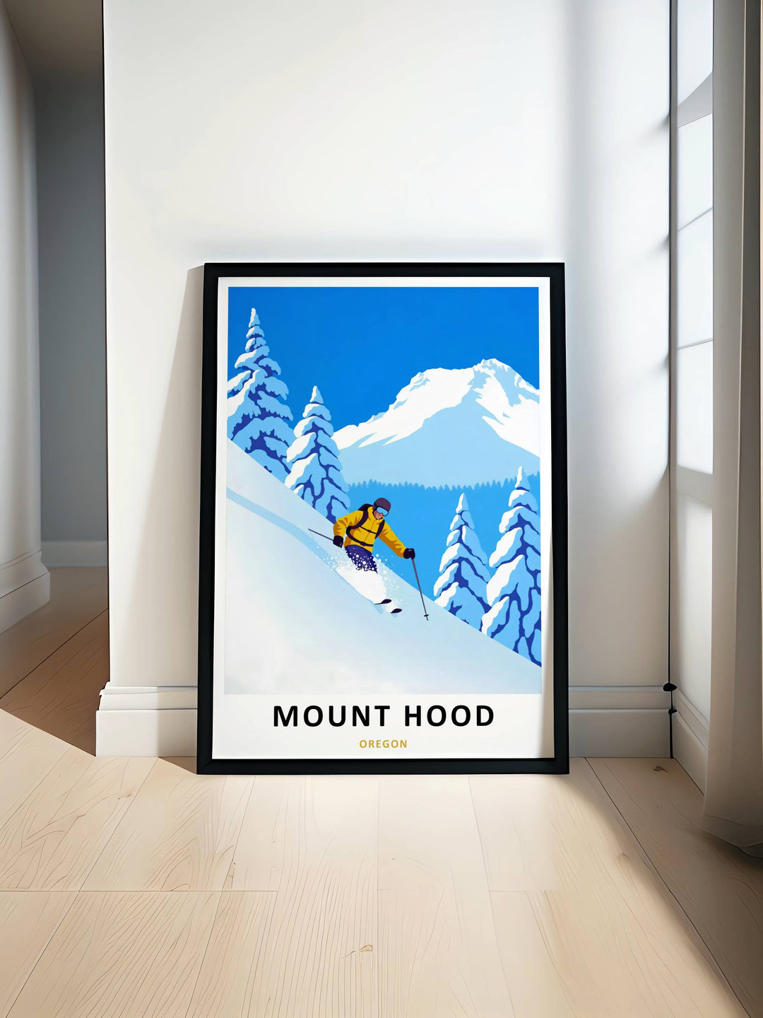 Artistic winter decor highlighting the contrast between heavily frosted pine silhouettes and a bright yellow skier carving downhill.